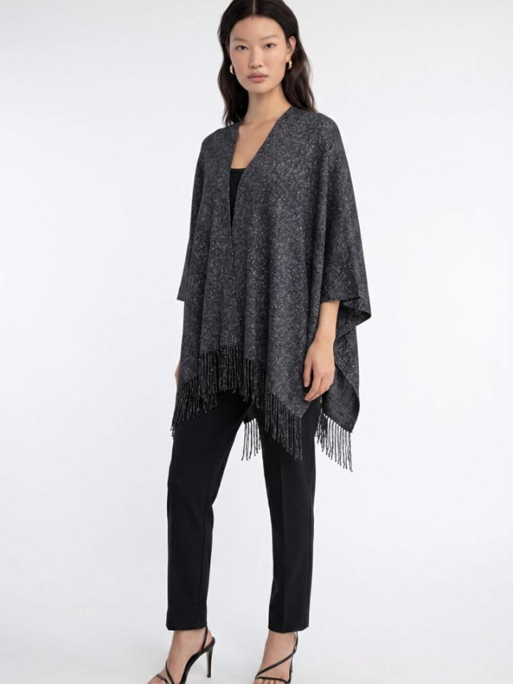 Mixit Black and Silver Metallic Wrap Sweater Topper with Fringe